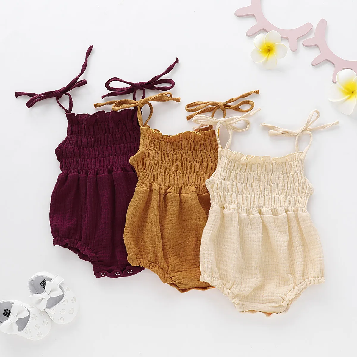 Infant Summer Cotton Sling Romper Solid Color Tie-Up Stretch Jumpsuit Baby Girls Cute Ruched Sleeveless Overall Clothes