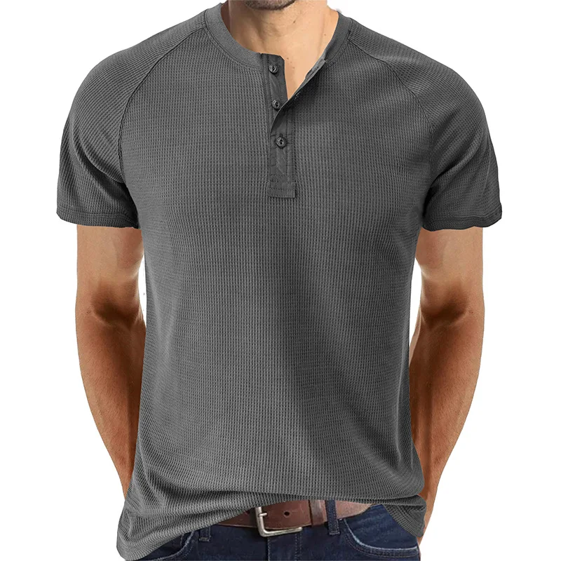 

Men Henley Collar T Shirt V-Neck Short Sleeve Tops Breathable Tee Shirt Solid Color Summer Casual Tank Men's Clothing Streetwear