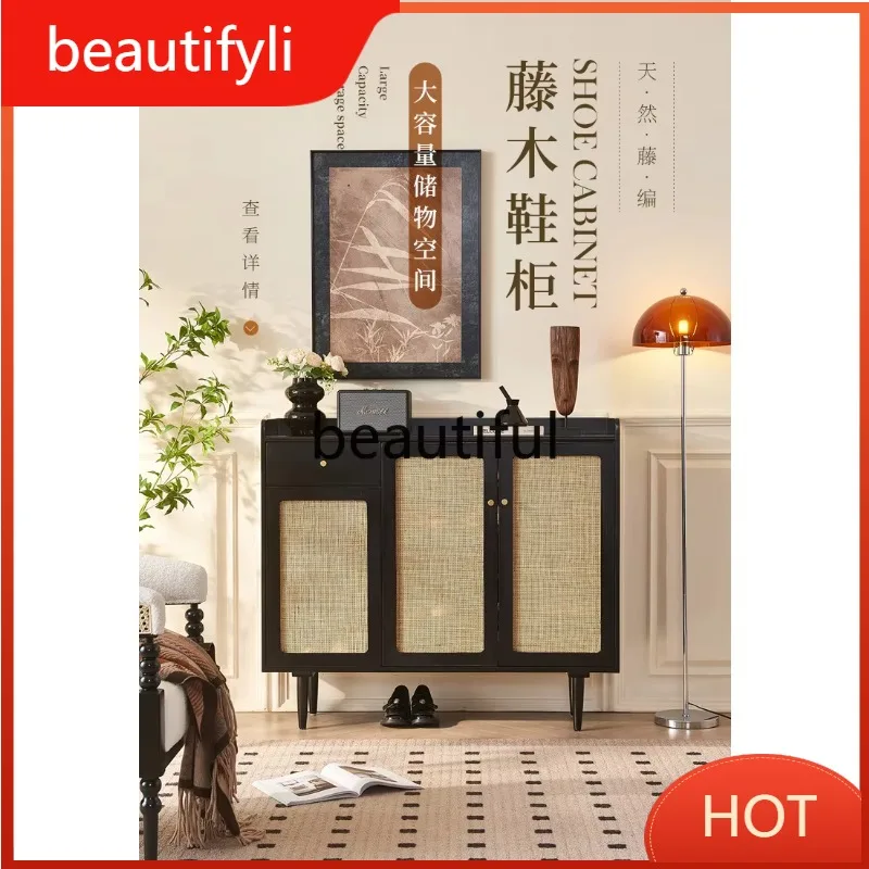 Nordic solid wood shoe cabinet modern simplicity with chest of drawers multi-functional storage rattan shoe rack