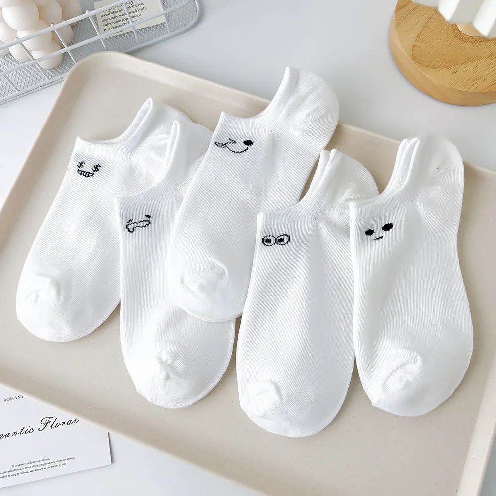 5 Pairs Cute Expression Women Short Socks Fashionable Simple Spring Summer Sweat Absorbing Breathable White Casual Socks