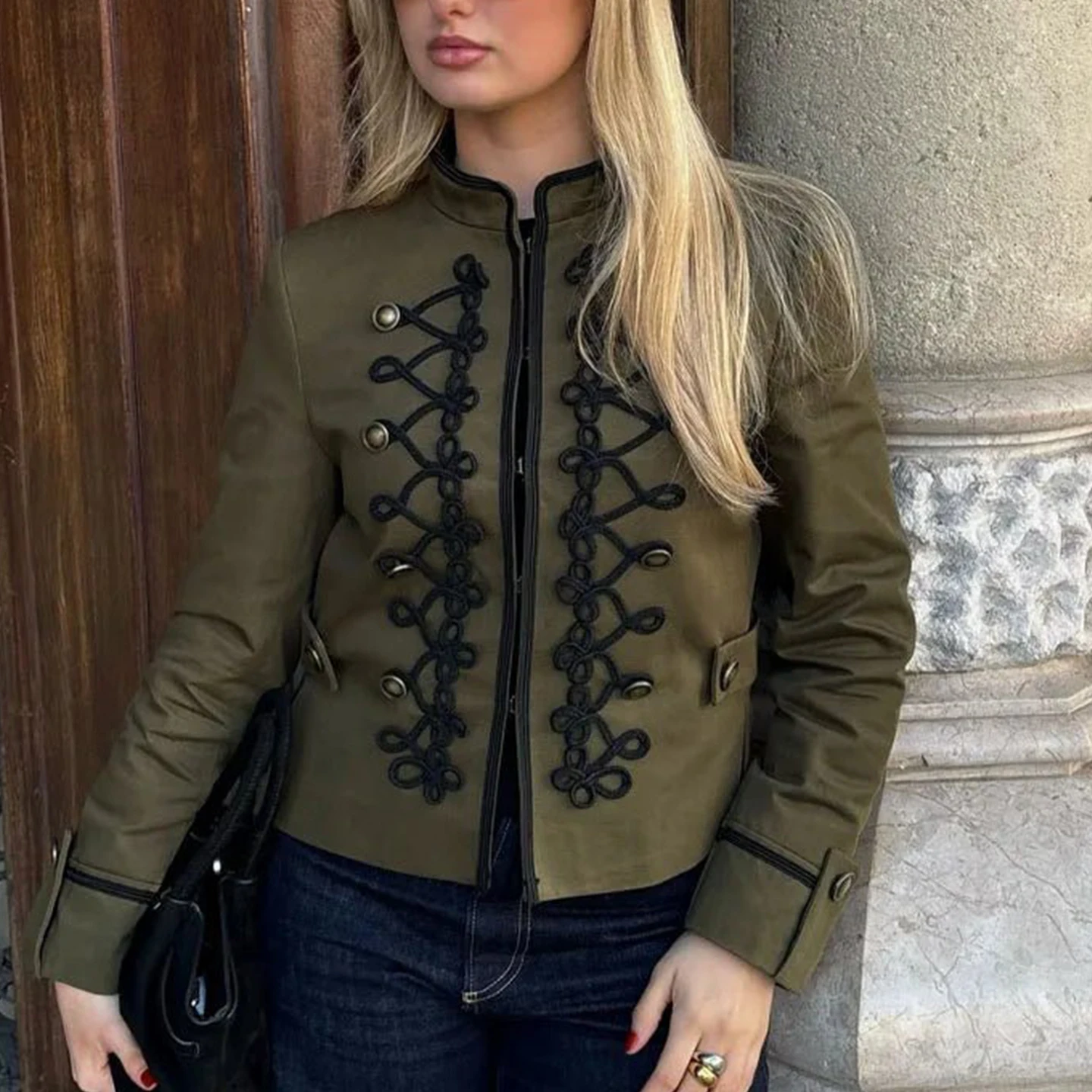Women's Fashionable Embroidered Slim Fit Jacket Stand Collar Rope Knot Multi-Color Spring Autumn Casual Style Short Coat