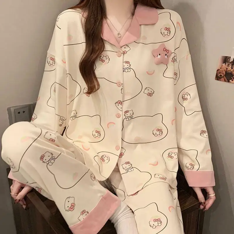 

Sanrio Hello Kitty women's Pajamas Set Sleepwear Long Sleeve Long Pants Cotton Homewear And Outdoor Wear Sweet Trendy Casual