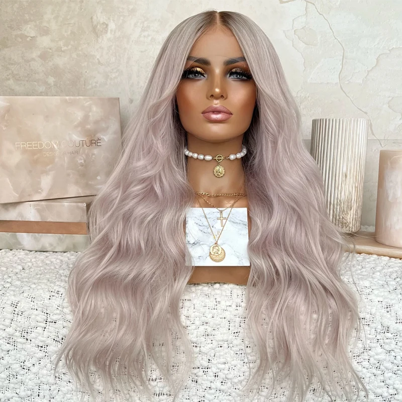 

Light Ash Root With Few Foils Through Top Section Lace Front Wigs Real Synthetic Hair 13x4 Lace Frontal Wig Wavy 180% For Party