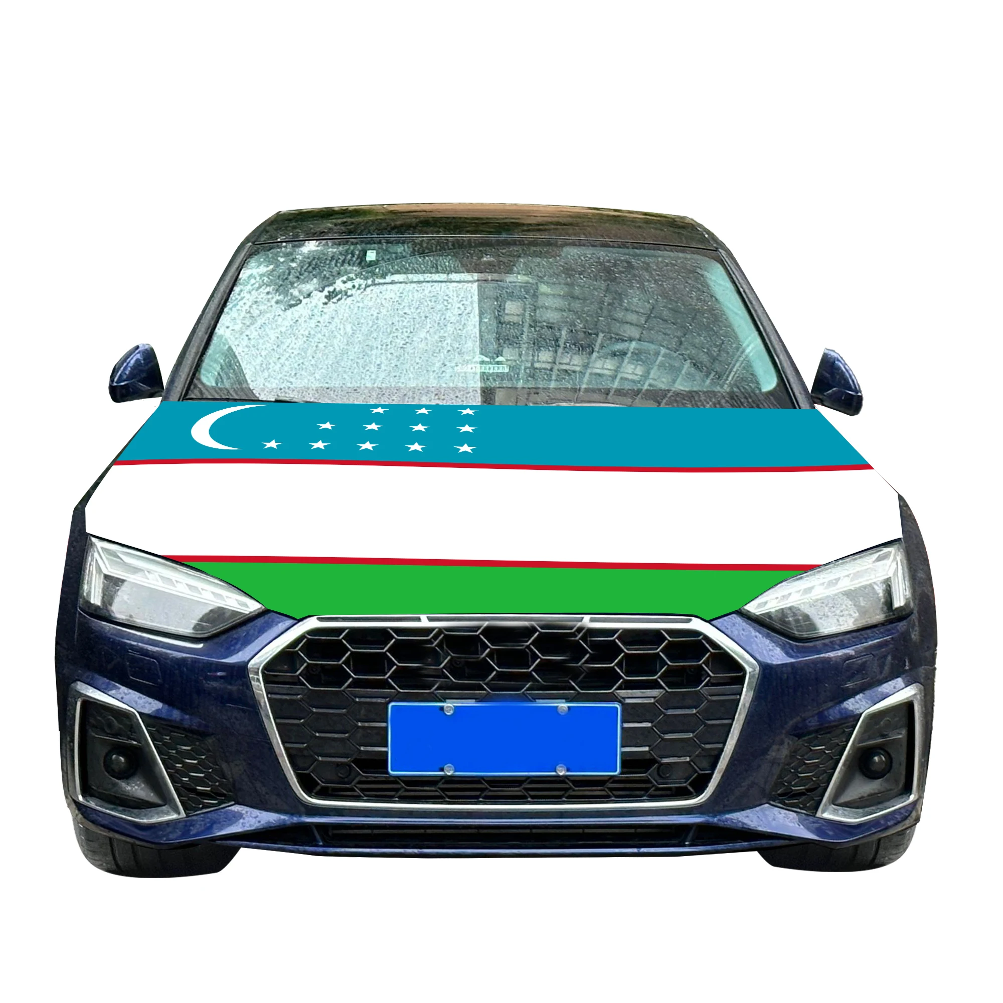 Uzbekistan Car Hood Cover Flag  Universal Size Elastic Polyester 120x150cm for Car Decor