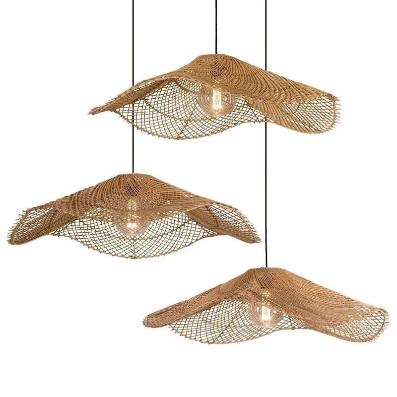 Wabi-sabi Retro Rattan Lamp Restaurant Pendant Lights Dinning Room Hotel Loft Suspension Luminaire Rattan Straw Hat Chandeliers