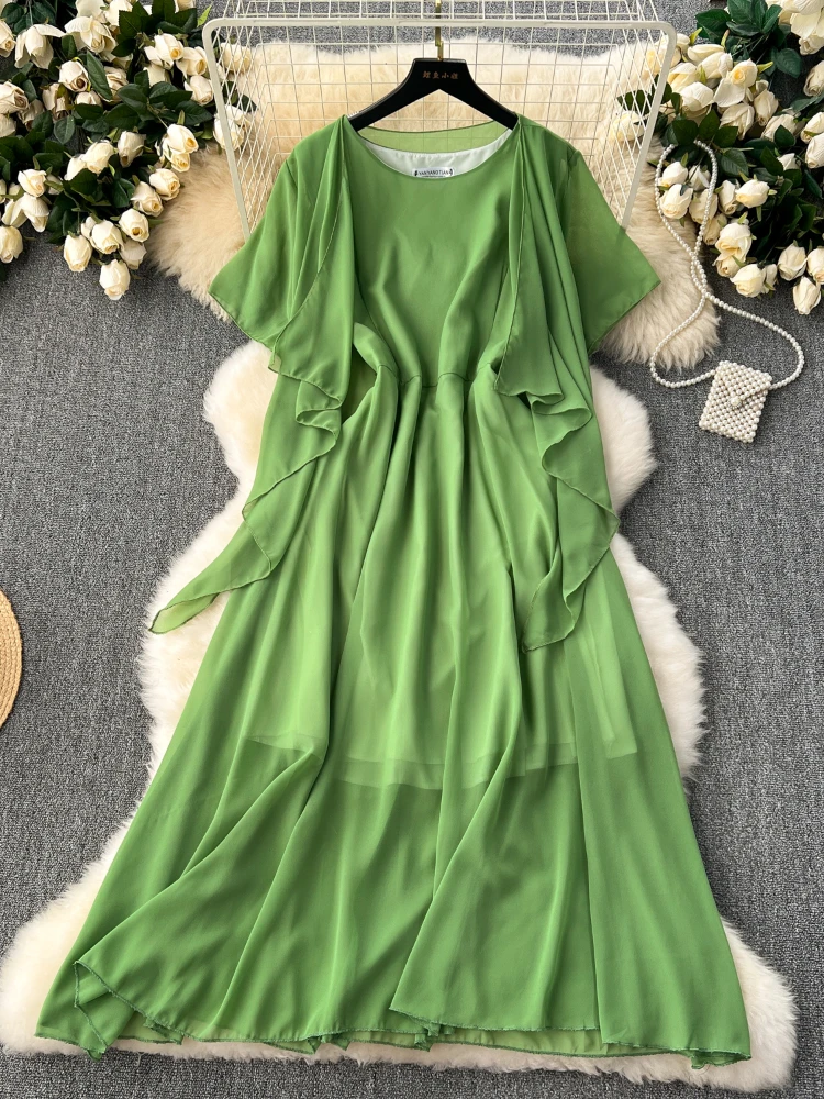 Summer Chiffon Casual Dress Women French Hollow Round Neck Midi Dresses Ladies Slim Short Sleeve Slim A-line Robe Vestidos