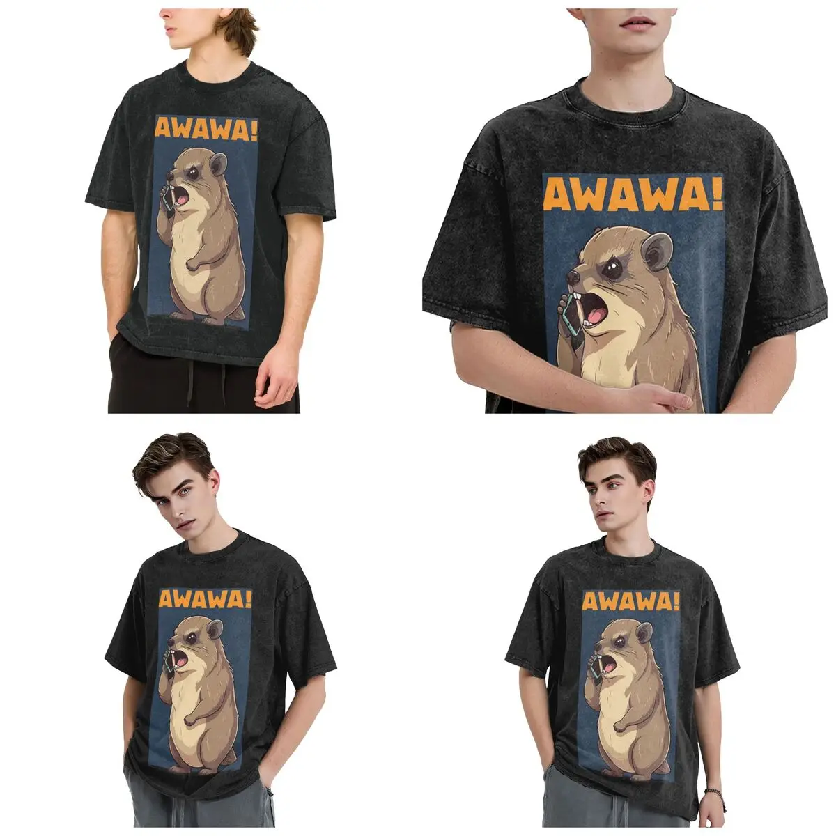 Rock Hyrax Awawa On Phone Groundhog Dassi Hip Hop Short Sleeve T-Shirts Washed Tops Tees Streetwear T Shirt Casual for Men Women
