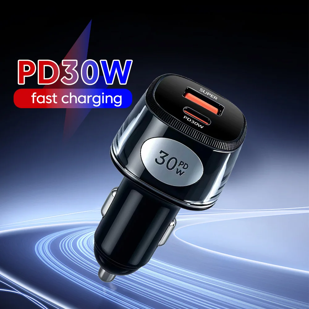 30W Car Charger Fast Charging Dual Port PD USB/Type-C Charger for iPhone 16 15 14 Samsung Xiaomi Huawei Oppo