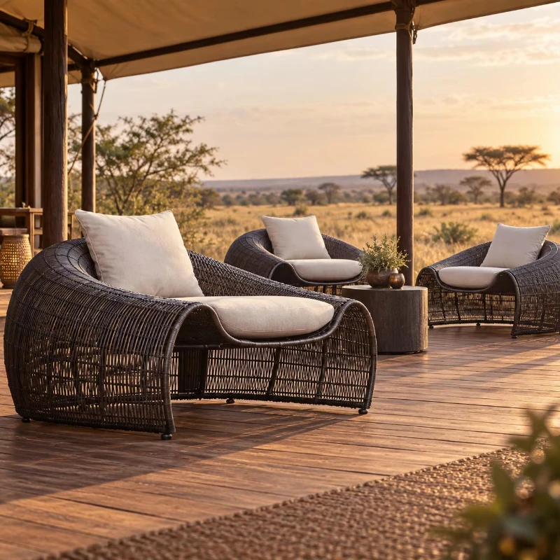 Curved woven outdoor lounge chair with curved cushion and metal base, suitable for resort balconies and poolside use