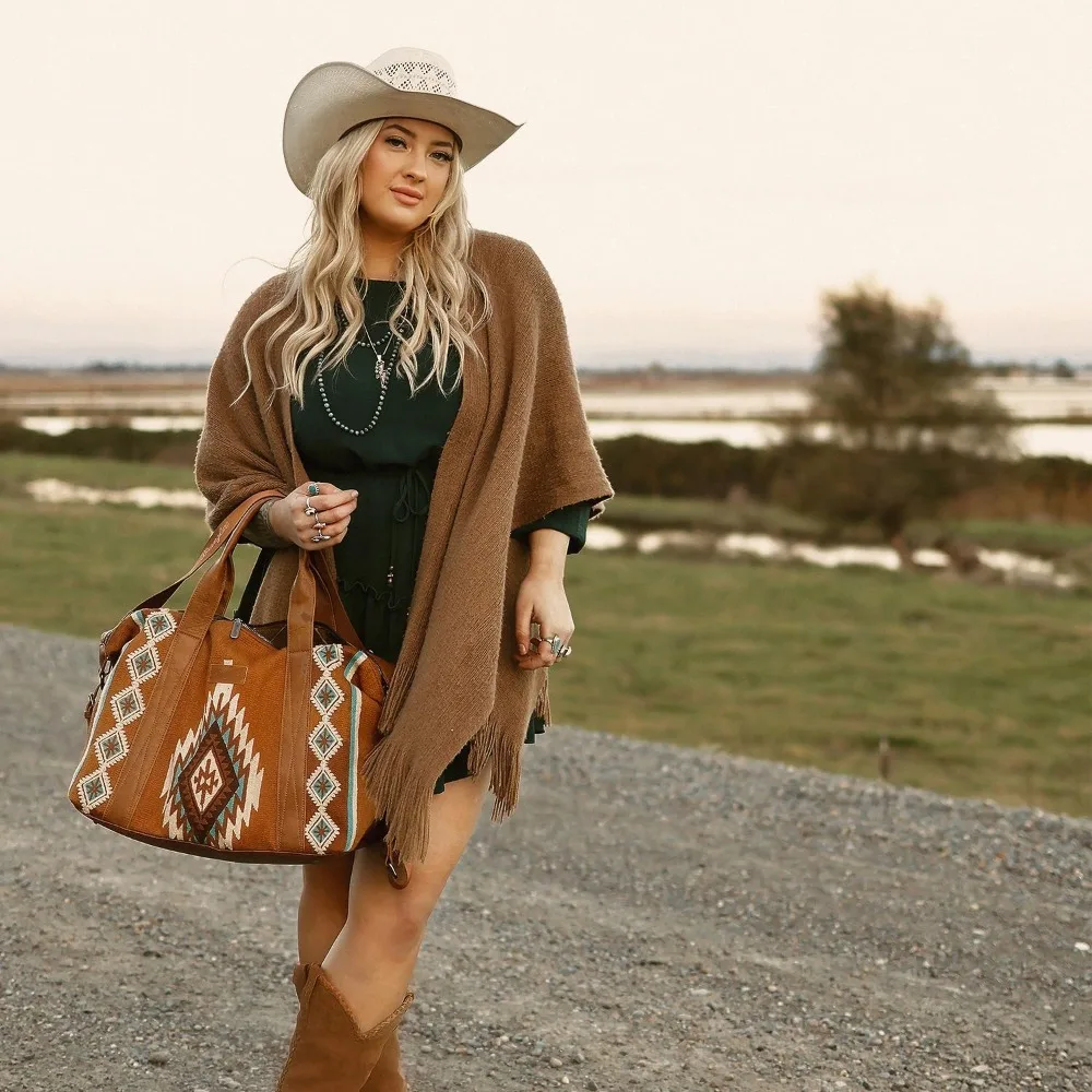 حقيبة سفر نسائية كبيرة لعطلة نهاية الأسبوع - تصميم نسيجي يحمل الأمتعة، بني