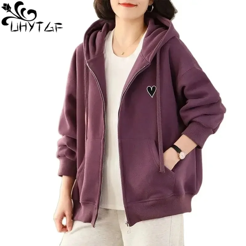 

Hooded Coat Woman Love Heart Embroidered Autumn Hoodie Jacket Female Zipper Cardigan Sweatshirt Ladies Large Size Outerwear 2393