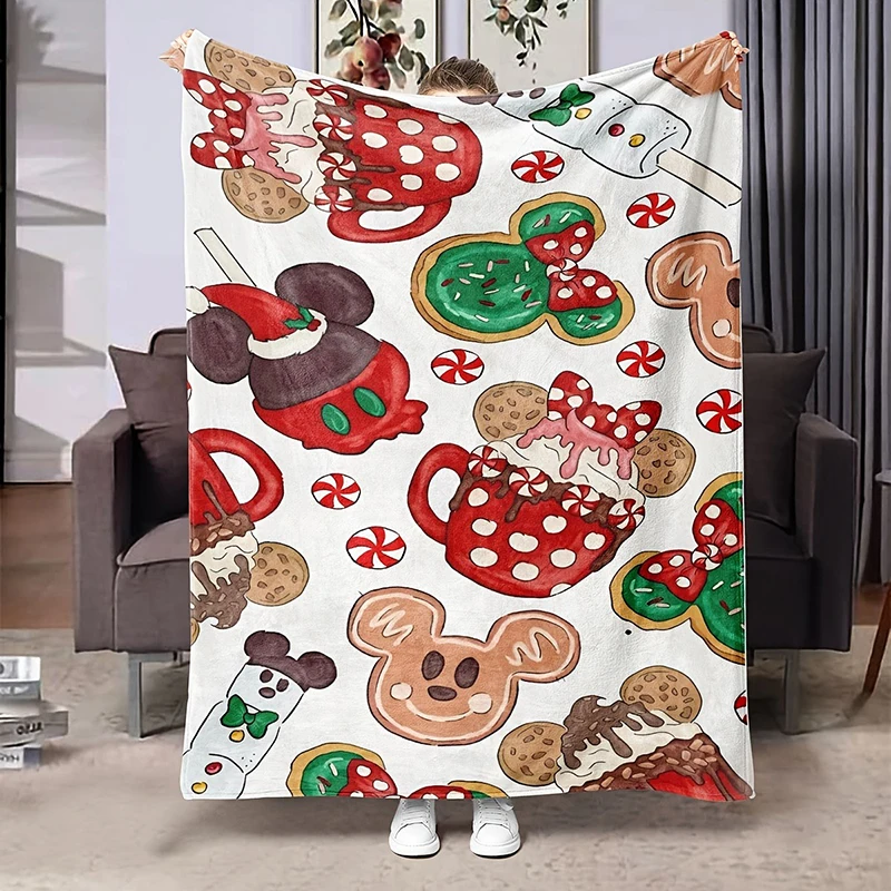 

Festive Mickey Minnie Christmas Dessert Throw Blanket, Cozy Plush Blanket with Gingerbread & Peppermint for Bedroom Sofa Decor