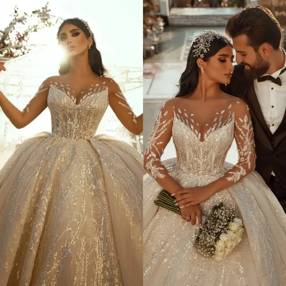 

Luxurious Sequined Lace Wedding Dress Ball Gown Elegant V Neck Bridal Dress Customized Illusion Sleeve vestidos de novia