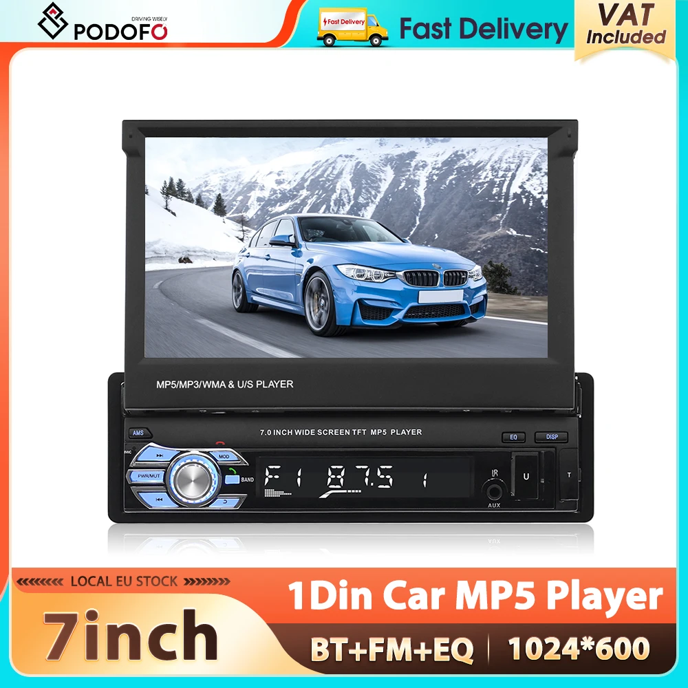 Podofo 1Din Autoradio 7" HD Ausziehbarer Touchscreen Mirror Link Multimedia-Player Bluetooth FM USB-Player AUX Audio EQ MP5