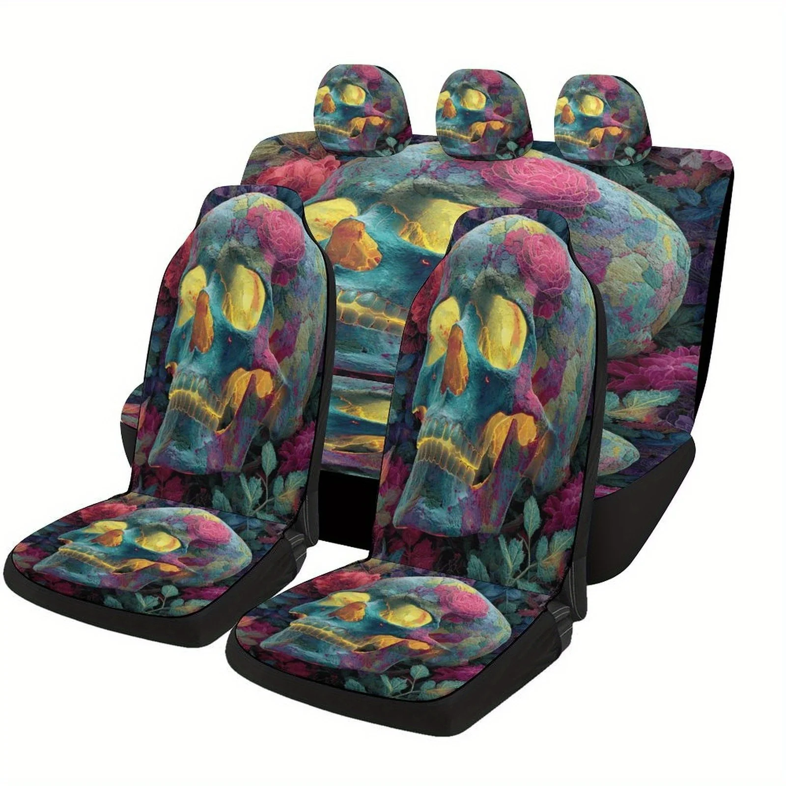 Floral Decorated Skull Designed Car Seat Cover Set For Most Cars, Trendy Advanced High-quality Car Seat Protector Covers Full S