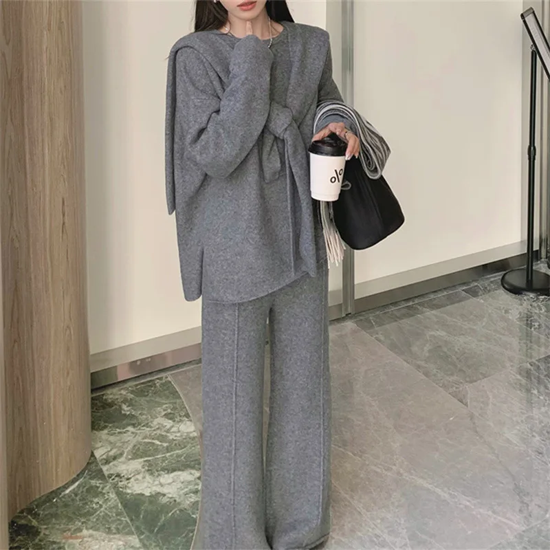 

Three Piece Sets Women Outfit Autumn Knitted Sweater Shawl Wide Leg Pants Set Casual Winter Thick Office Ladies Knit Sweater