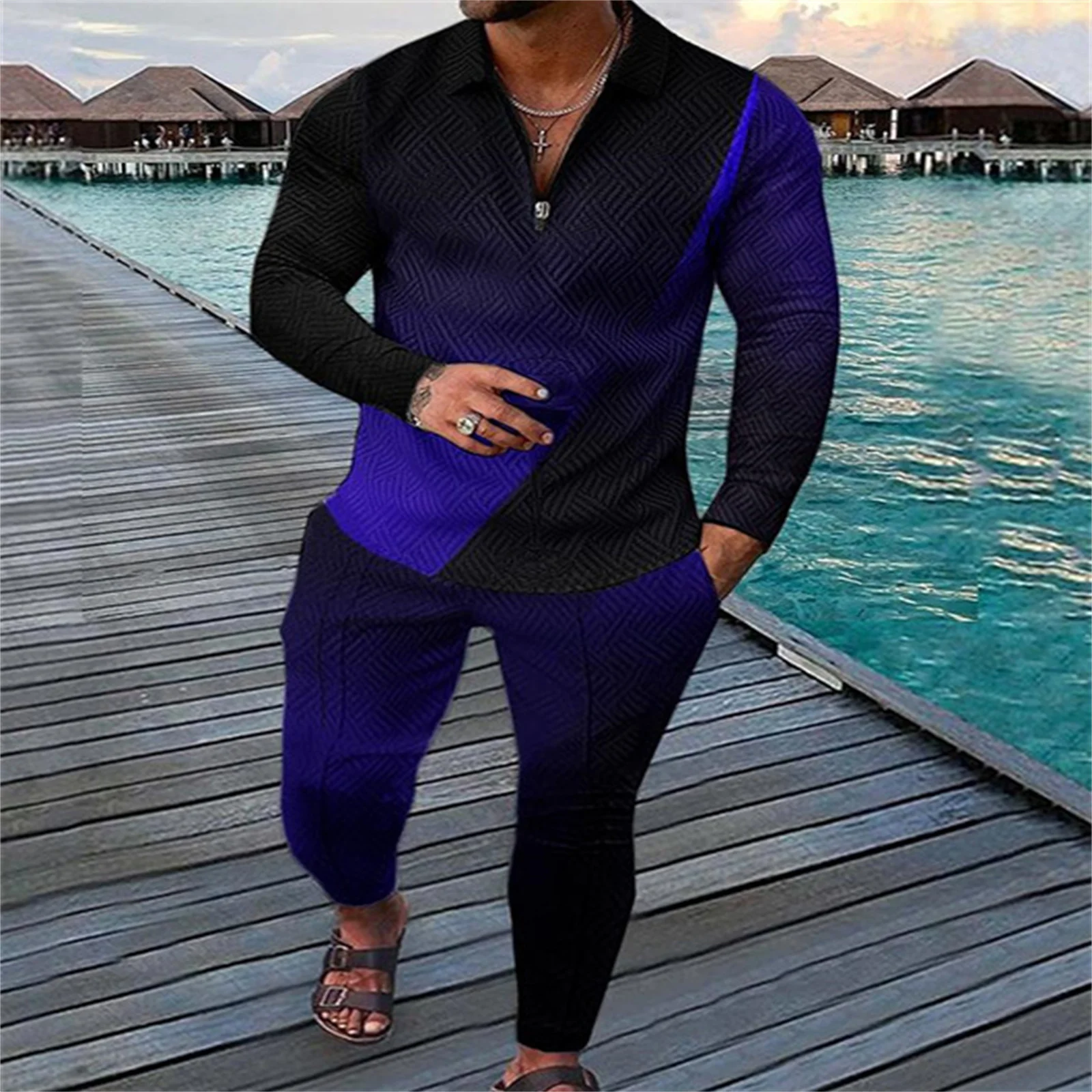Costume de sport à manches longues pour hommes, t-shirt imprimé, pull à revers, pantalon slim, décontracté, tendance de la mode, Europe et États-Unis
