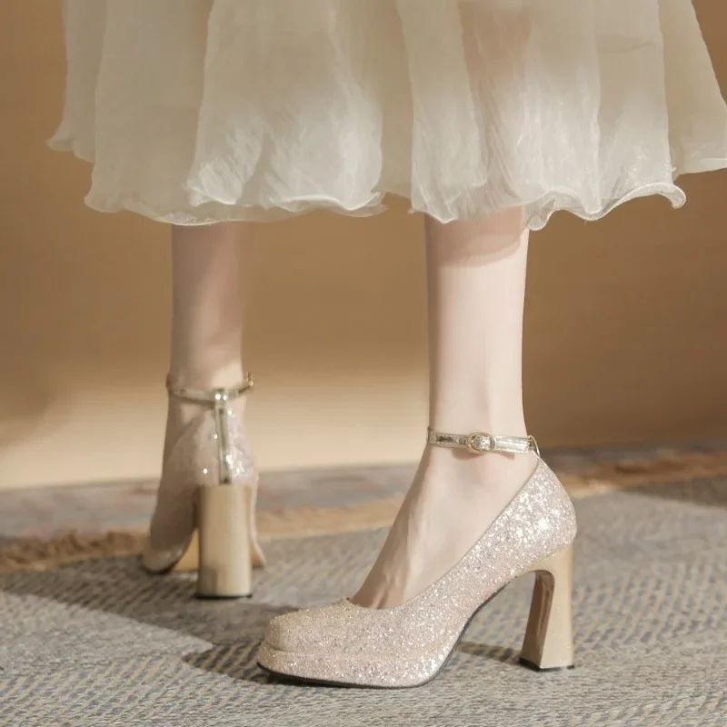 

Women New Wedding Crystal Sequins Pumps Women Party Wedding Bling Glitter Thick High Heels Shoes Ladies Ankle Buckle Heels Women