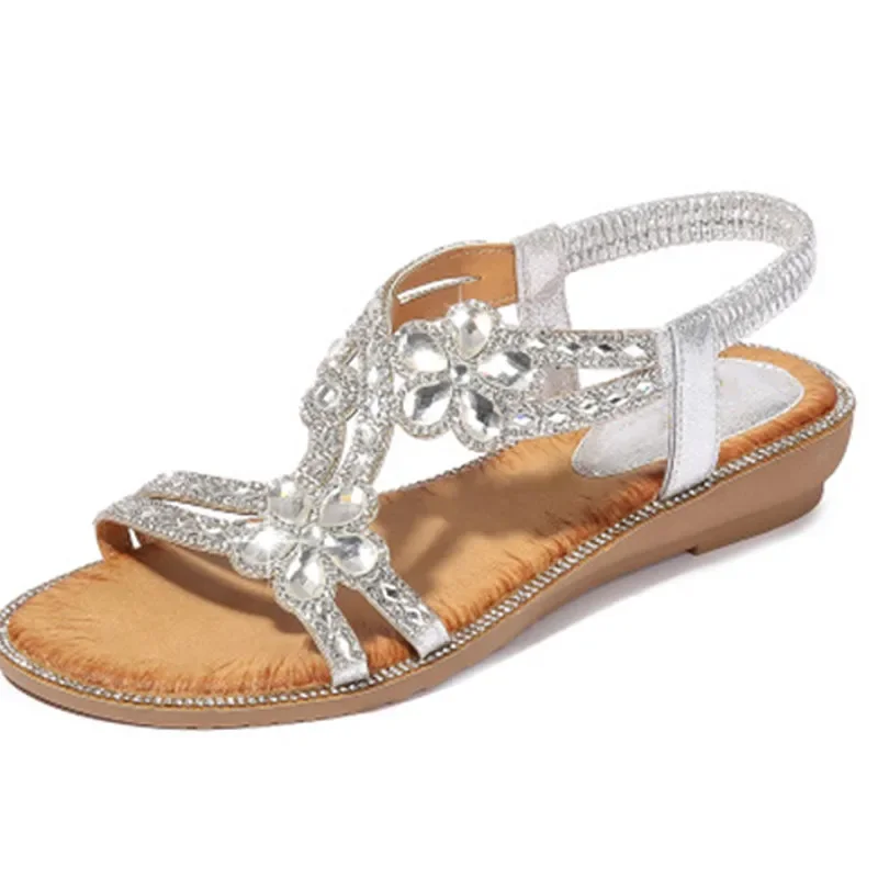 BEYARNEBohemia Sandali da donna con zeppa elastica da donna Feamle Scarpe da spiaggia casual da donna Scarpe moda Cyrstal di grandi dimensioni 42