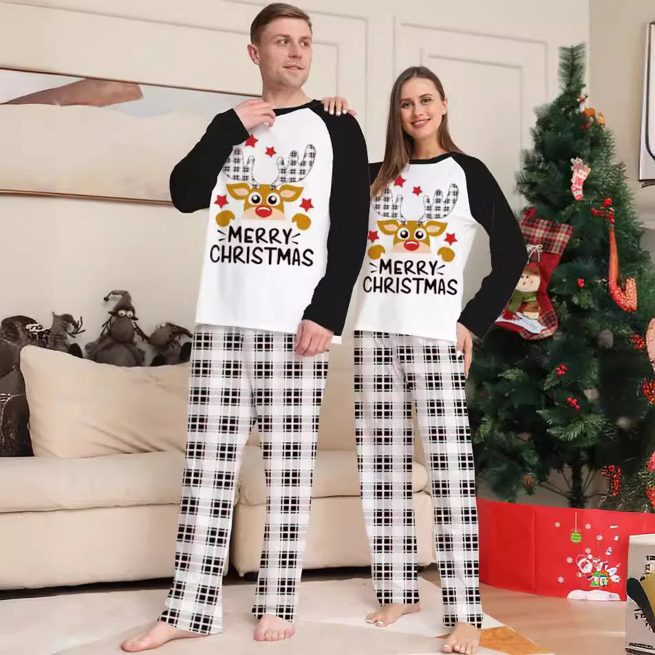 Checkered Deer Print Christmas parent-child Set European And American Fashion Deer Head two-piece Family Pajamas