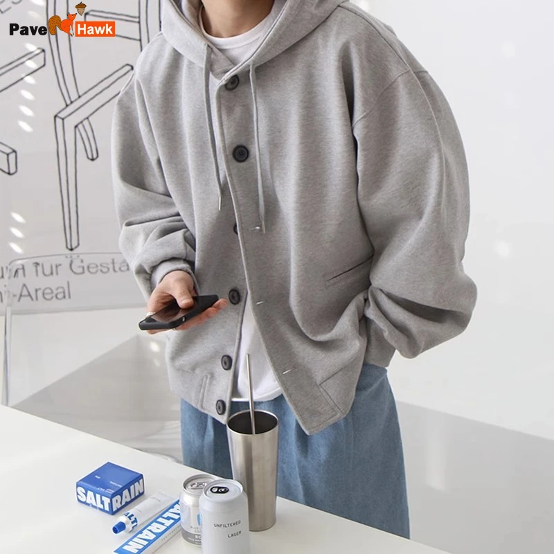 Korean Style Jacket Men Spring Hooded Chic Single Breasted Streetwear Harajuku Casual Overcoats Solid Color Short Sweatshirt New