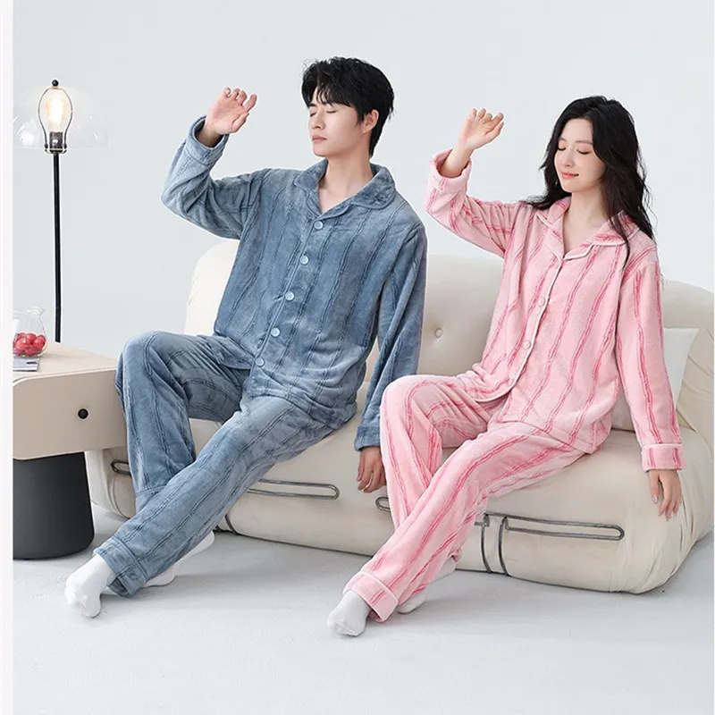 Pajamas Woman Offer Lapel Long Sleeve Top Pant Suit Flannel Coral Fleece Couple Sleepwear Pijama Thicken Warm Pyjama Femme