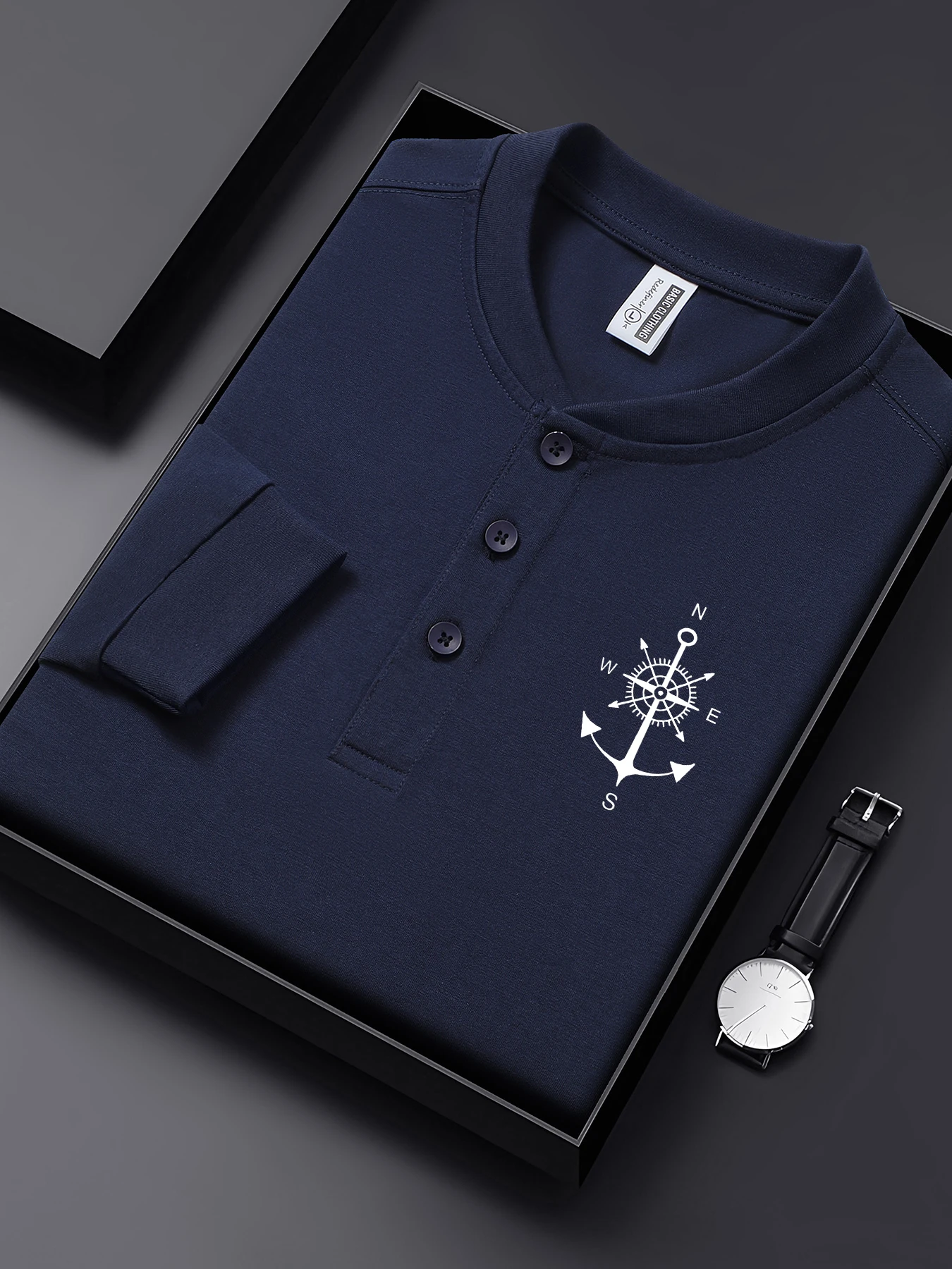 

Мужская рубашка на пуговицах с простым принтом Anchor And Compass в стиле хип-хоп, деловая повседневная хлопковая одежда с длинными рукавами, свободная футболка с вырезом Генри