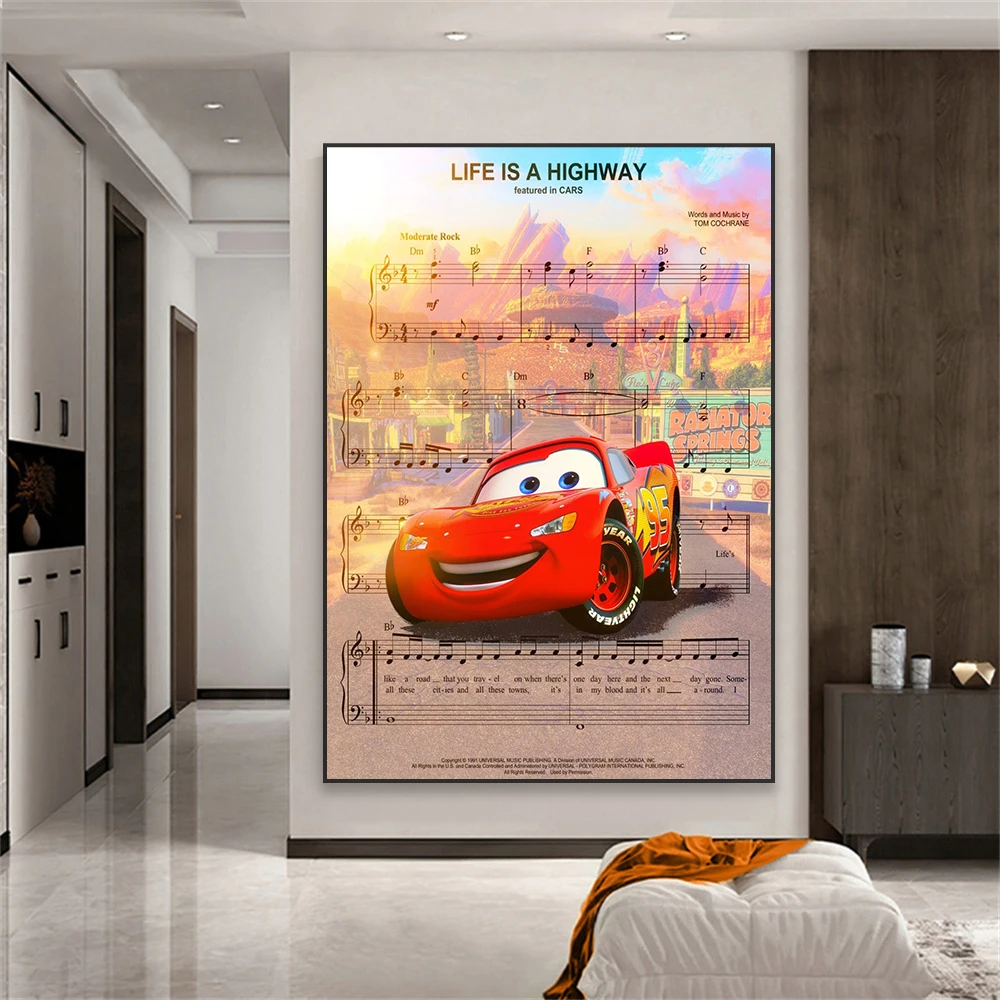 Disney Cars Movie Art Poster Lightning McQueen Cartoon Canvas Painting Sheet Music Prints Nursery Home Kids Room Decor