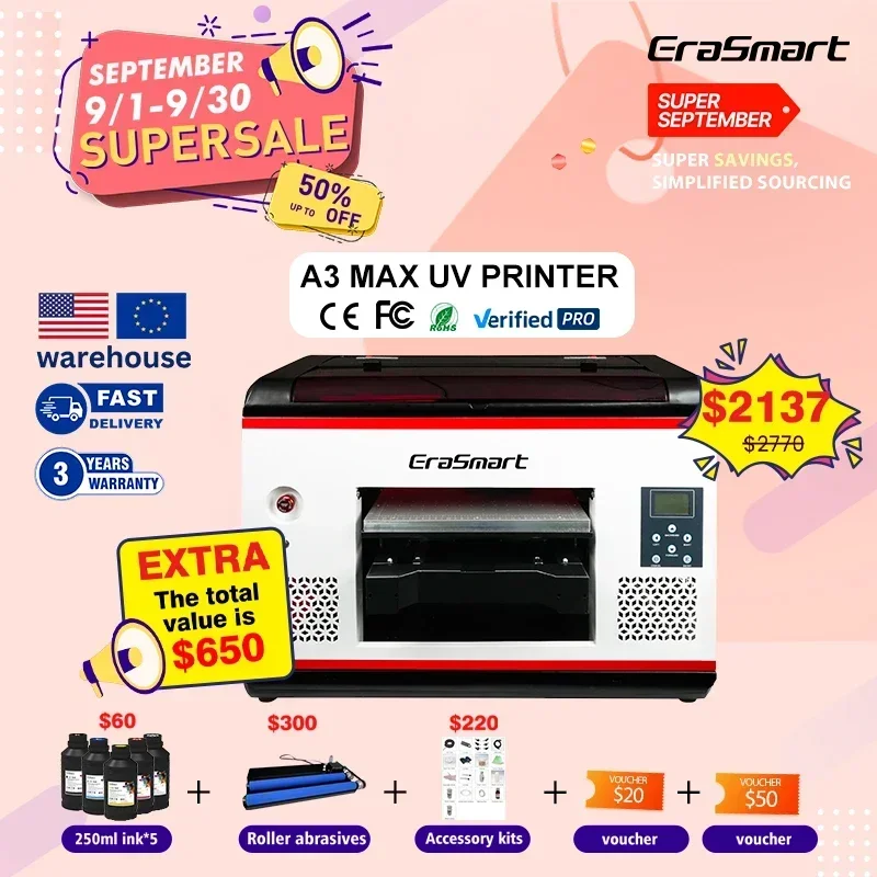 EraSmart 14 Inch Digital Desktop A3 Inkjet Bottle Mug Cup Phone Case Printing Machine Mobile Cover Printer XP600 UV Printer
