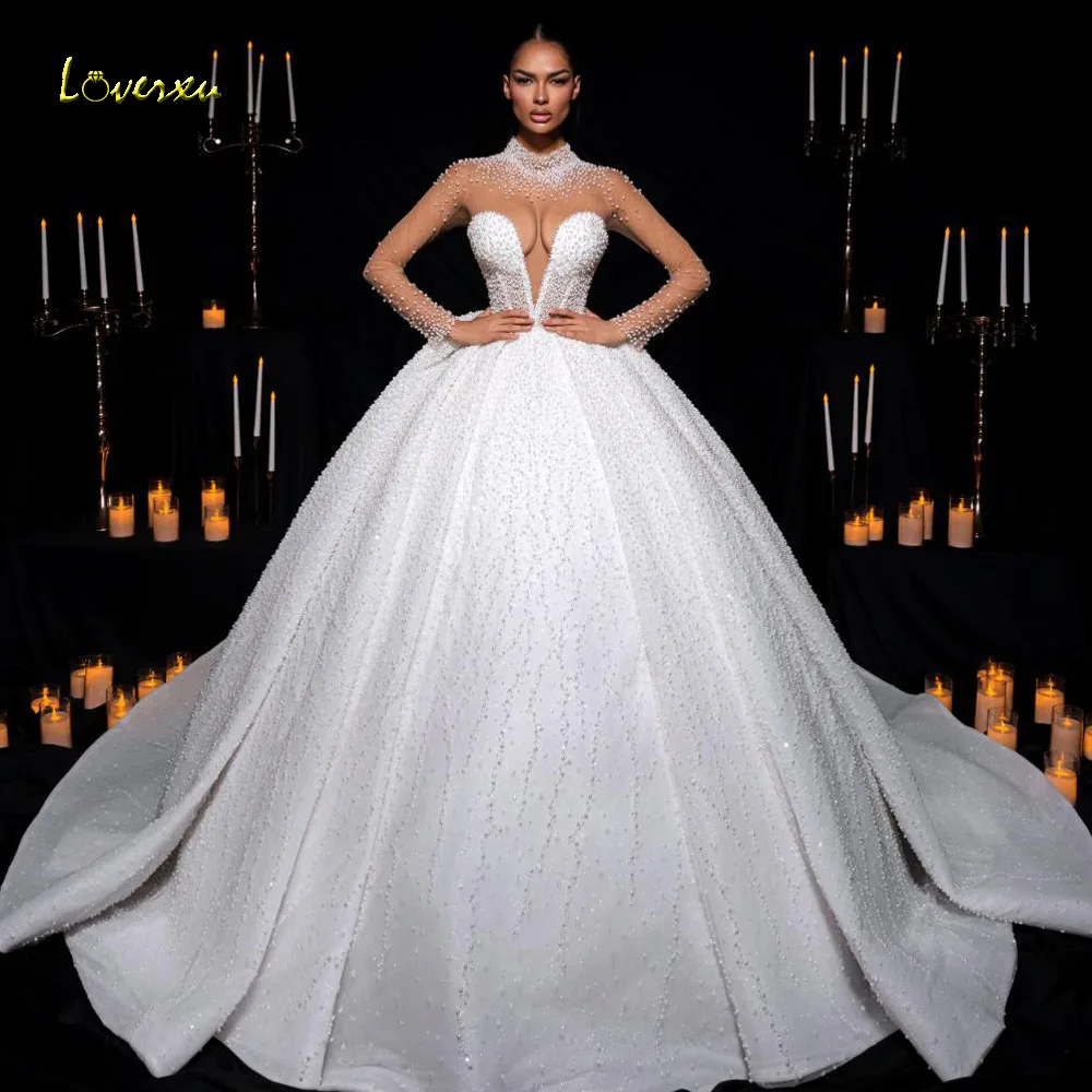 Loverxu Ball Gown Royal Wedding Dresses High Neck Long Sleeve Vestido De Novia Lace Beaded Exquisite Custom Made Bridal Gowns