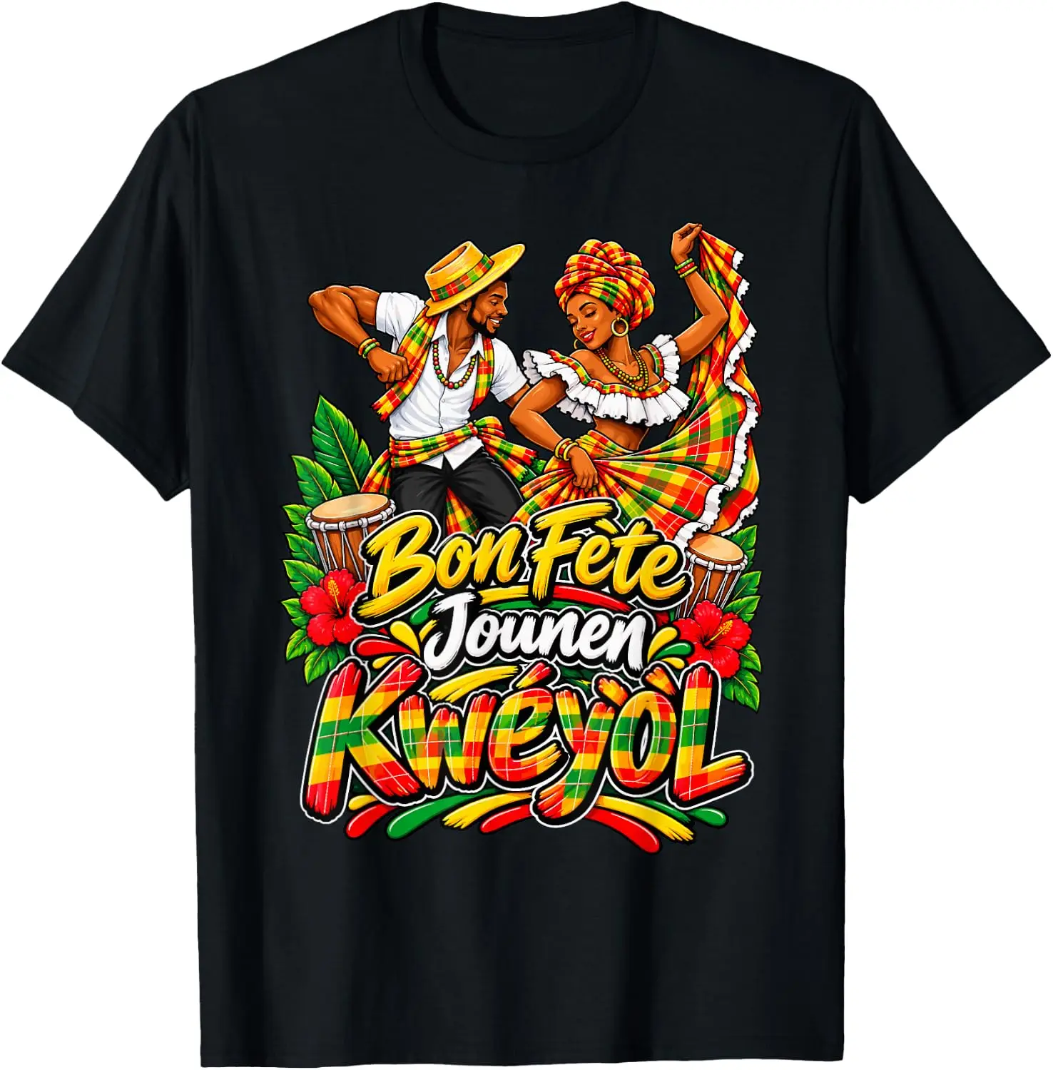 Jounen Kweyol, Dancing Creole Day Madras Plaid St. Lucia T-Shirt Breathable, heavyweight pure cotton short-sleeve top—stylish, plus-size, and suitable for year-round wear with a sporty, casual vibe