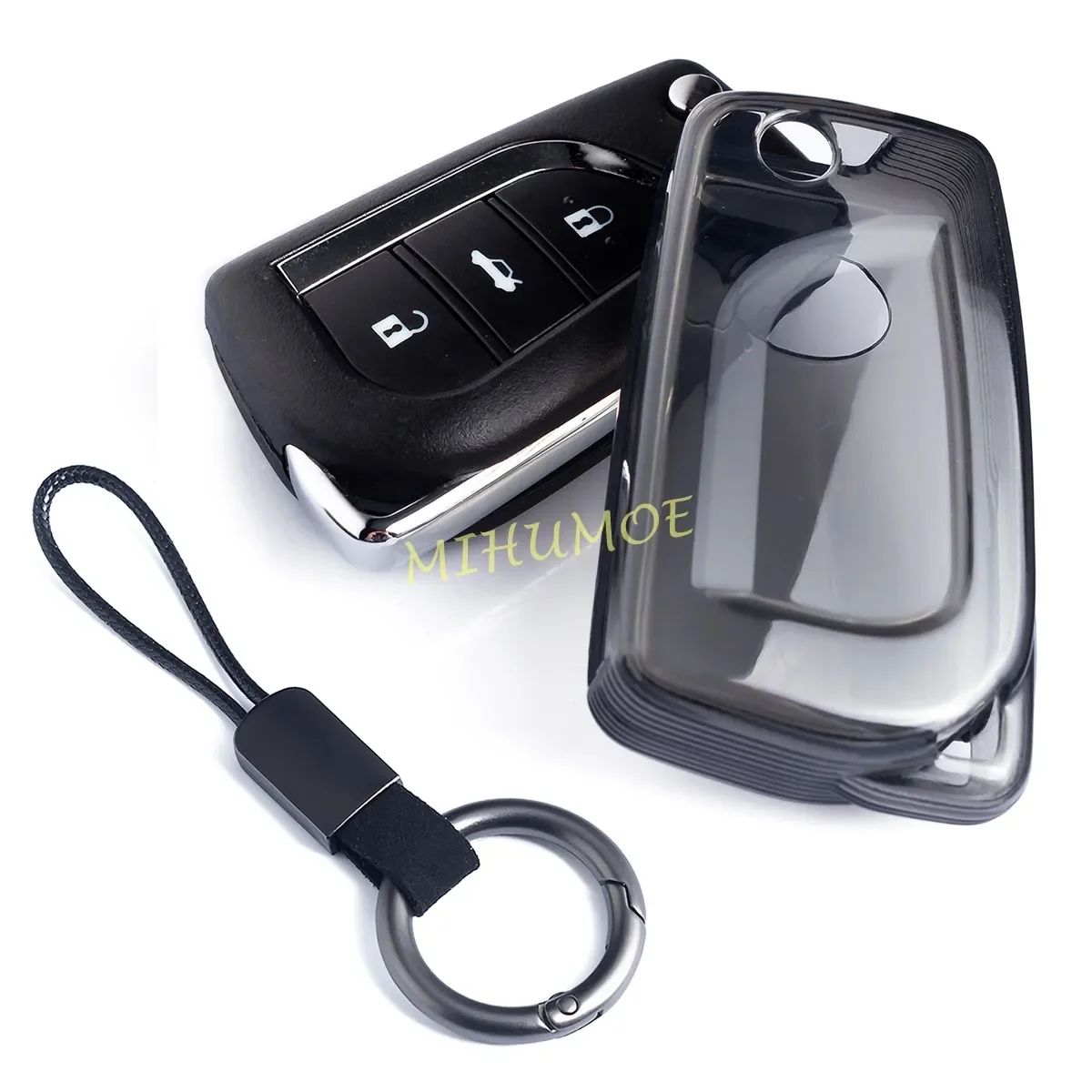 Schwarze transparente Klapp-Autoschlüsselhülle Schlüsselanhängerhalter für Toyota Corolla Sedan Hatchback RAV4 Camry Hilux C-HR LE Aygo X.