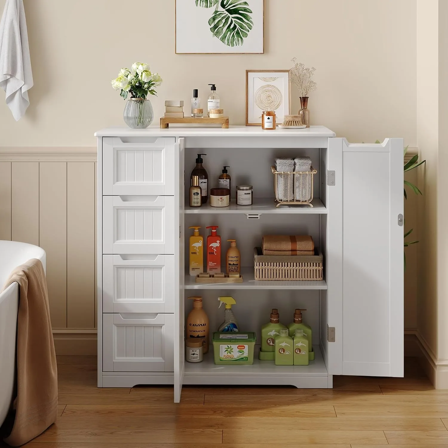 Storage Cabinet, White Bathroom Storage Cabinet with 4 Drawers & Double Doors, Adjustable Shelf, Customized