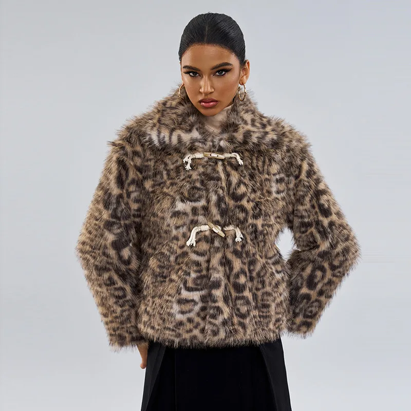 

Leopard Print Women Winter Mink Fur Jacket Short Horn Toggle Button Suit Collar Lady Fur Coat Highstreet Female Faux Fur Coat