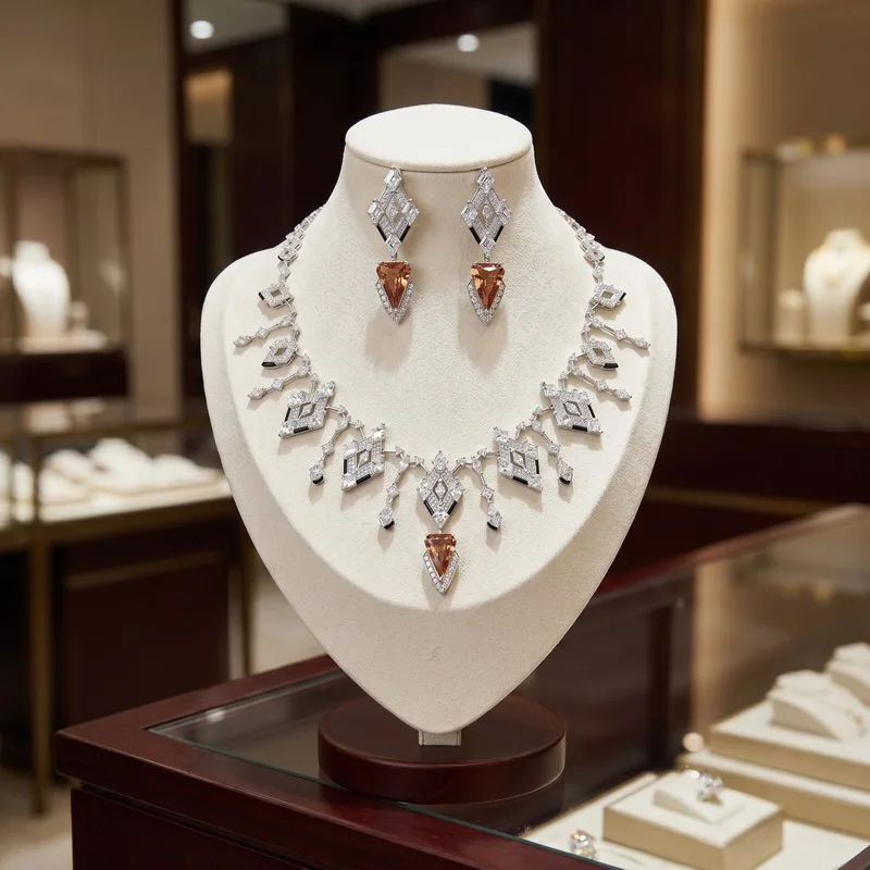 Europe America Style Necklace Earrings Women Lady Inlay Jacinth Triangle Cubic Zircon Tassels Pendant High-end Jewelry Sets