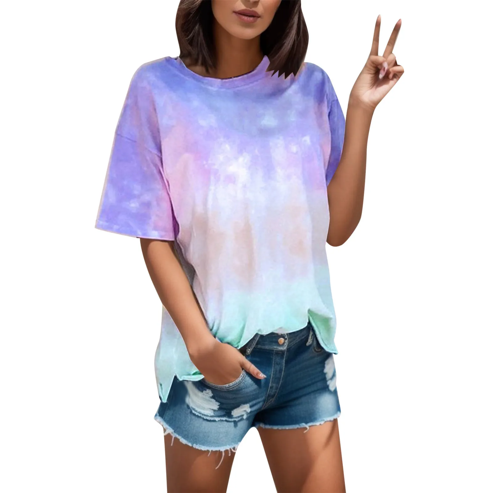 2024 Women's Fashion Tie Dyed Summer Short Sleeved Casual Loose Fitting T-Shirt Top Costume Comfortable Breathable Costume