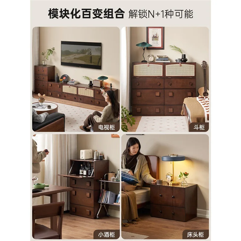 Solid wood TV cabinet living room black walnut retro floor medieval module combination side cabinet