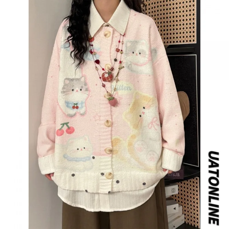 Cat Pink Top Kitten Print Cardigan Sweater Cute Cherry Knitwear Soft, Autumn Winter Loose Outerwear Girl Fashion Coat Gift New