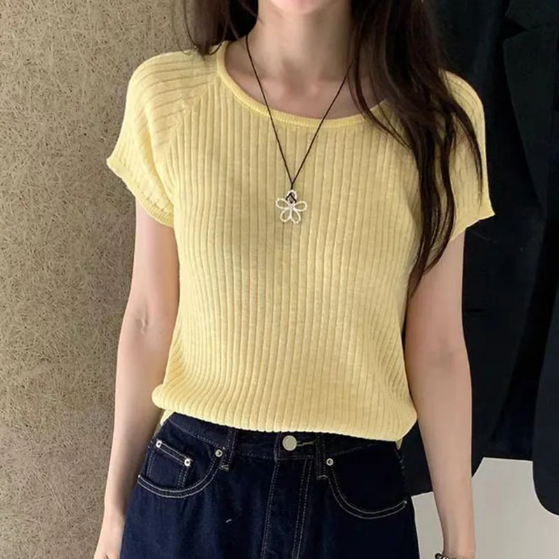 Korean Style Thin Tops Short Sleeve Knitted Tshirts Women Summer New Versatile Casual T Shirt Back Hollow Out Tee Shirt Femme
