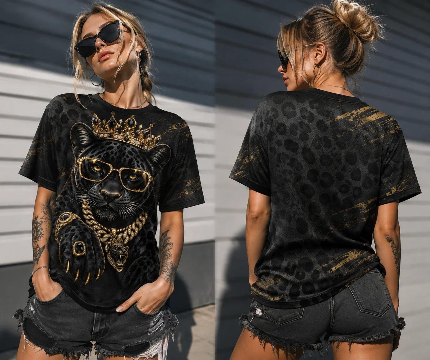 2026 Unisex Charming Black Panther Mesh T‑Shirt Gold Crown Sunglasses Luxury Animal Print Hip‑Hop Streetwear Short Sleeve Tee
