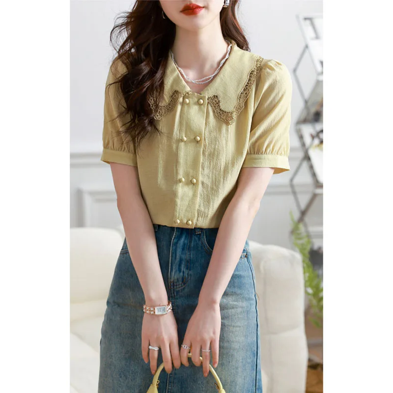 Women\'s 2024 New Summer Solid Color Button Lace Lapel Casual Versatile Fashion Commuter Loose Short Puff Sleeve Shirt Tops