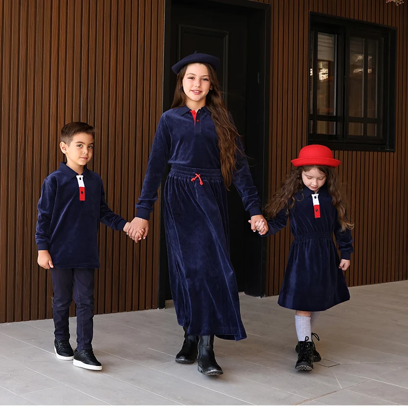 Family Clothes Navy Velour Set Girls Dress Boys Shirt Baby Romper Older 2 Pieces Set Long Sleeves Children Outfit Clothes