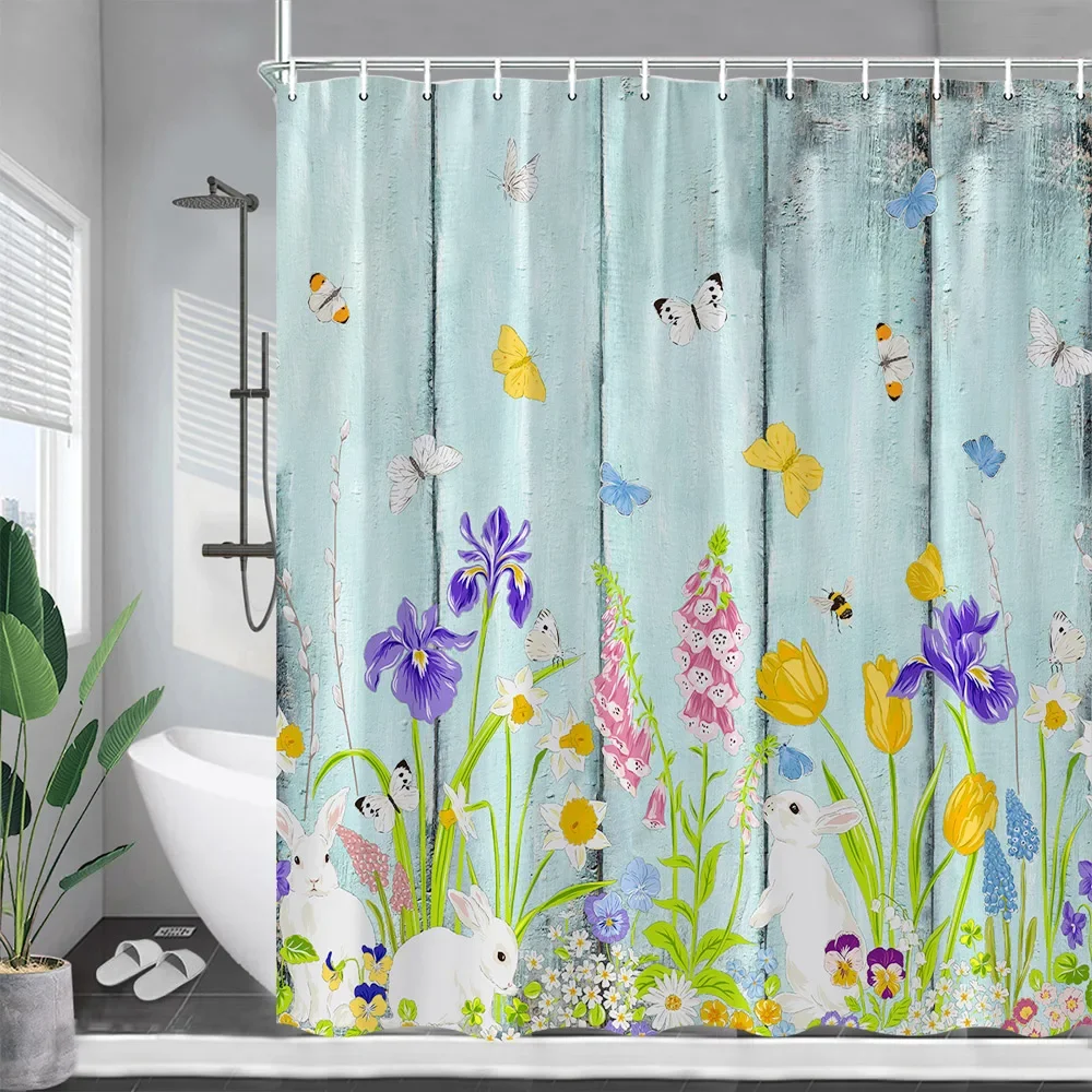 Easter Bunny Shower Curtains Rustic Wood Plank Rabbit Spring Butterfly Flowers Bath Curtain Polyester Bathroom Decor with Hooks