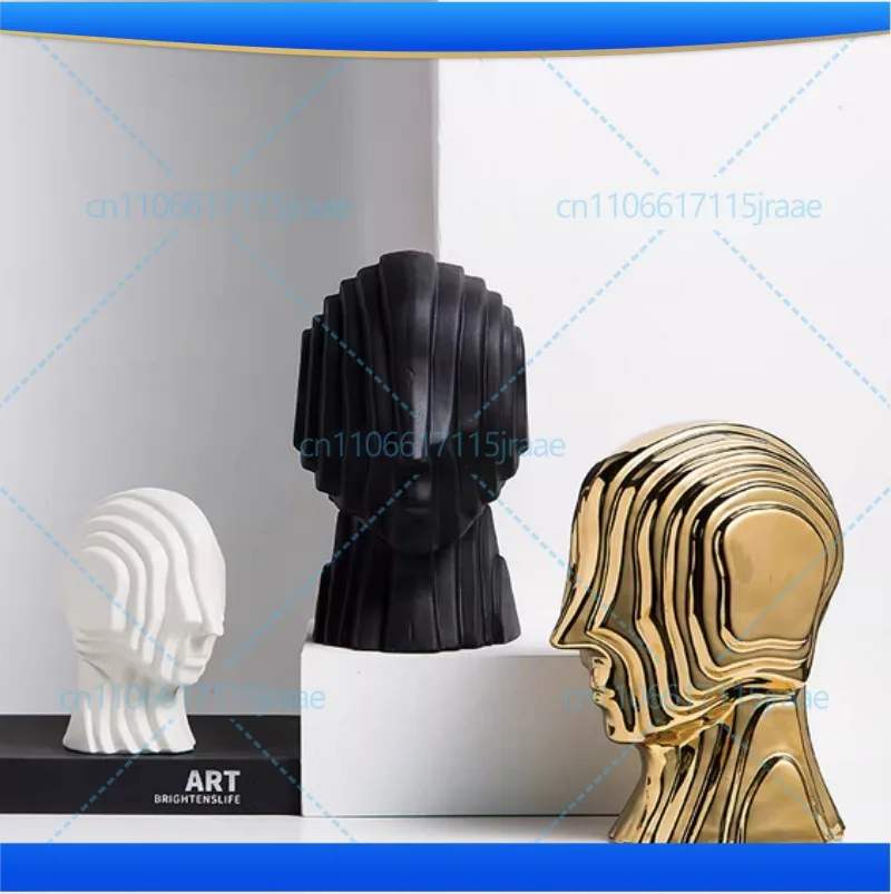 Abstract figure sculpture Ceramic geometric head fringe Golden man alien decorative figurines home decoration accessories