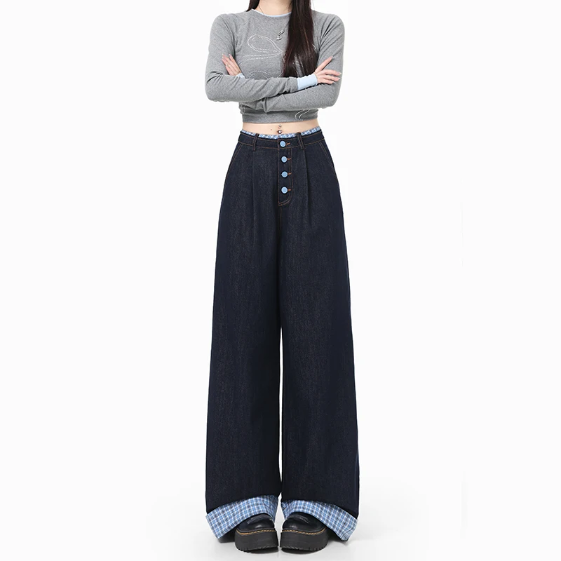

Fashionable Korean-style plaid cuffed wide-leg denim pants for women