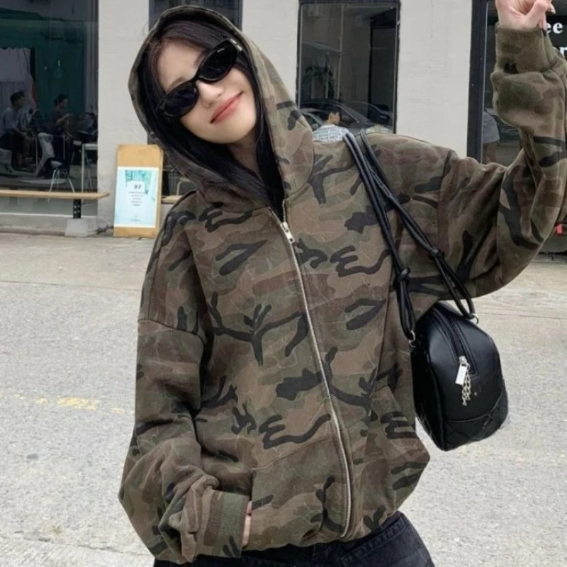 الأمريكية الرجعية نمط التمويه مقنعين البلوز المرأة الخريف عادية سليم صالح جاكيت زيبرا الجمالية الجرونج ثقافة فرعية معطف