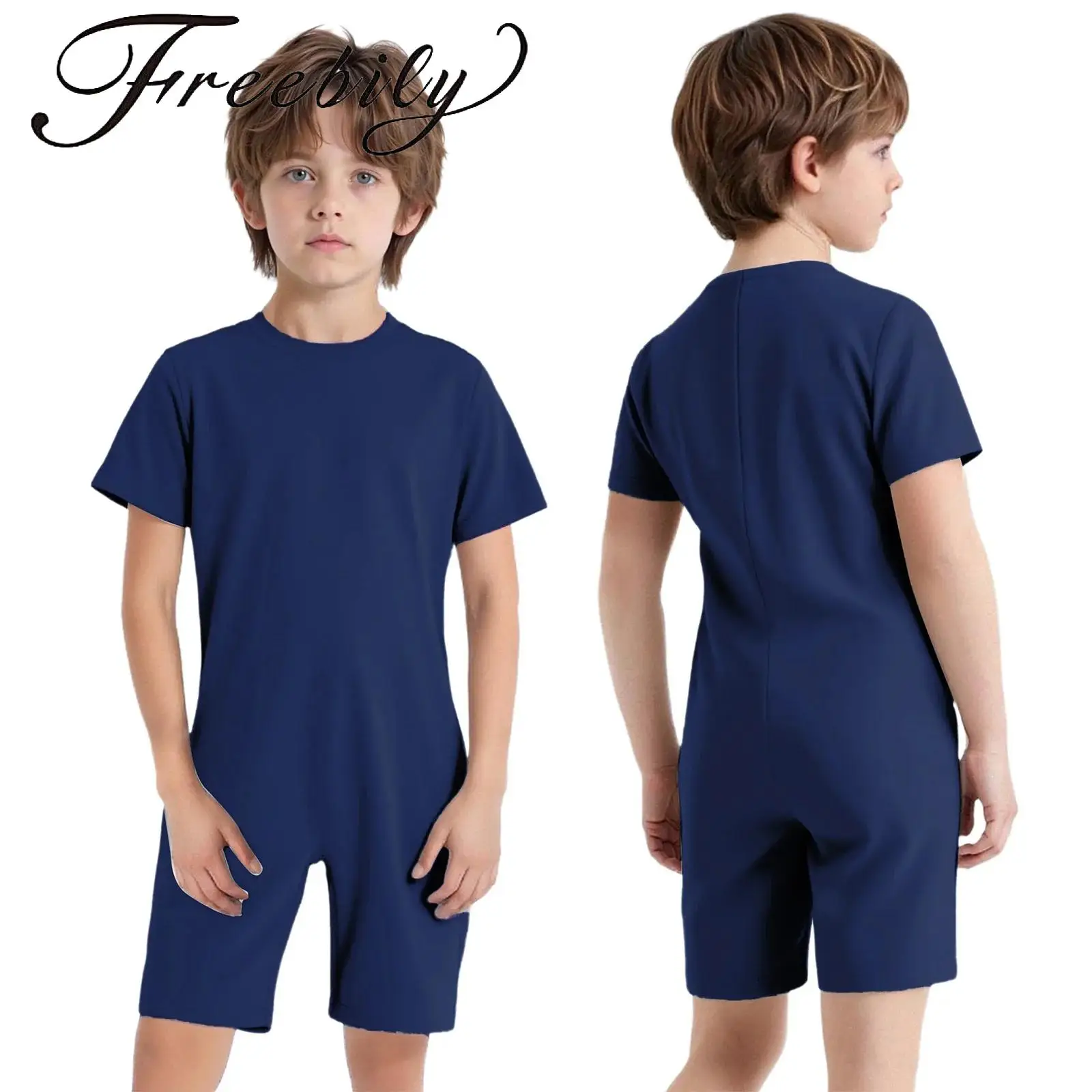 Kids Special Needs Adaptive Clothing Round Neck Short Sleeve Back Invisible Zipper Solid Color Jumpsuit