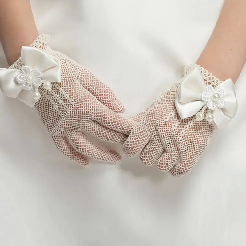 Fashion Princess Wedding Gloves for Girls Mesh Evening Children\'s Holiday Accessories with a Birthday Bow Performance Gloves for