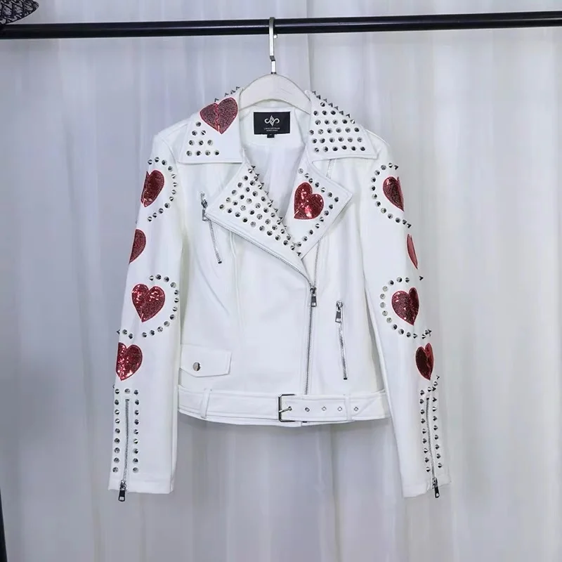 beading Fashion brand stitching rivet pu leather jacket female street style Love sequins beading leather jacket F1048 dropship