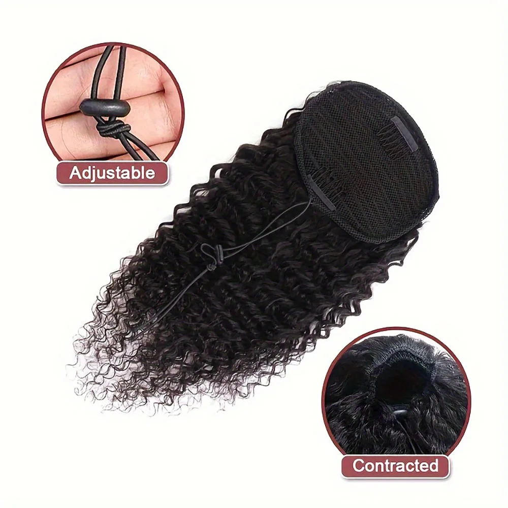 Ekstensi Rambut Manusia Model Kuncir Kuda Deep Wave 8-30 Inch dengan Tali Serut, 100% Rambut Manusia Remy Brasil untuk Wanita